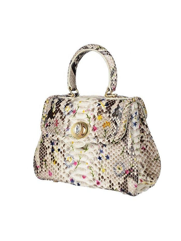 Custom Women Authentic Python Snake Skin Leather Vintage Handbag With Flower Print 