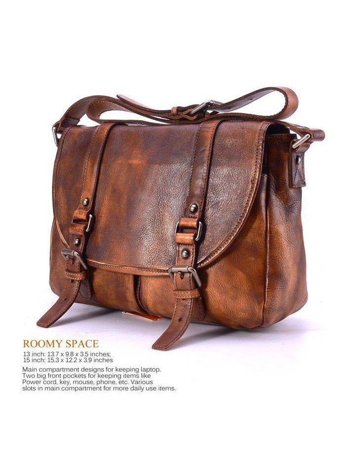 Retro Style Genuine Leather Shoulder Bag Satchel Bag Briefcase Men Messenger Bag for 13.3 Inch Laptop 