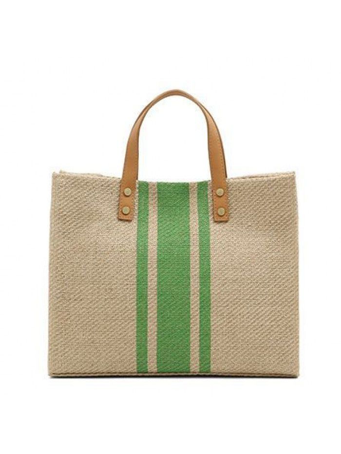 Fashion custom lady color stripe blocking jute linen shopping tote bag with shoulder strap 