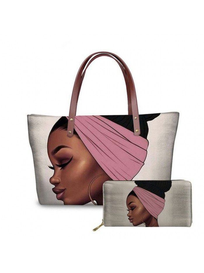 Luxury Design Handbags Ladies Women Black Art African Girl Printing 2pcs/set Hand Bag&Wallet Females