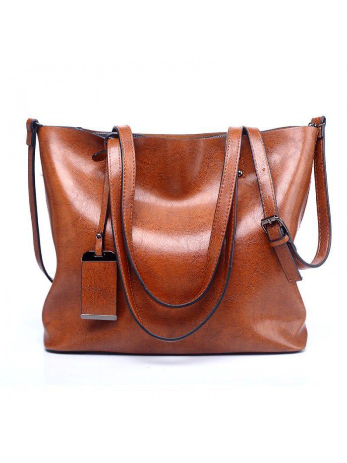 Women's foreign trade wholesale 2019 new European and American fashion tote bag retro oil skin large capacity single shoulder handbag