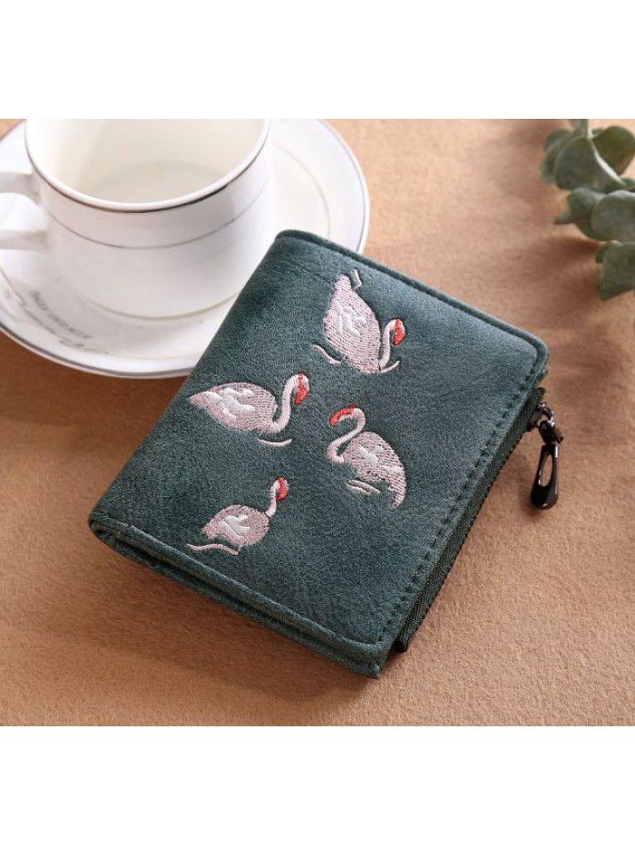 New lady's wallet Korean handmade embroidery White Swan wallet card bag zero wallet frosted leather wallet wholesale