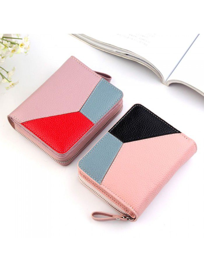 New short wallet women's splicing leather zero wallet litchi pattern short wallet bag women's zipper bag