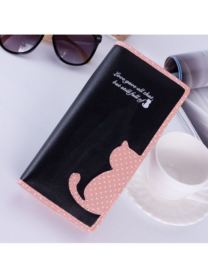 Korean women's wallet long Korean cute color contrast cat wave point student zipper wallet wallet wholesale