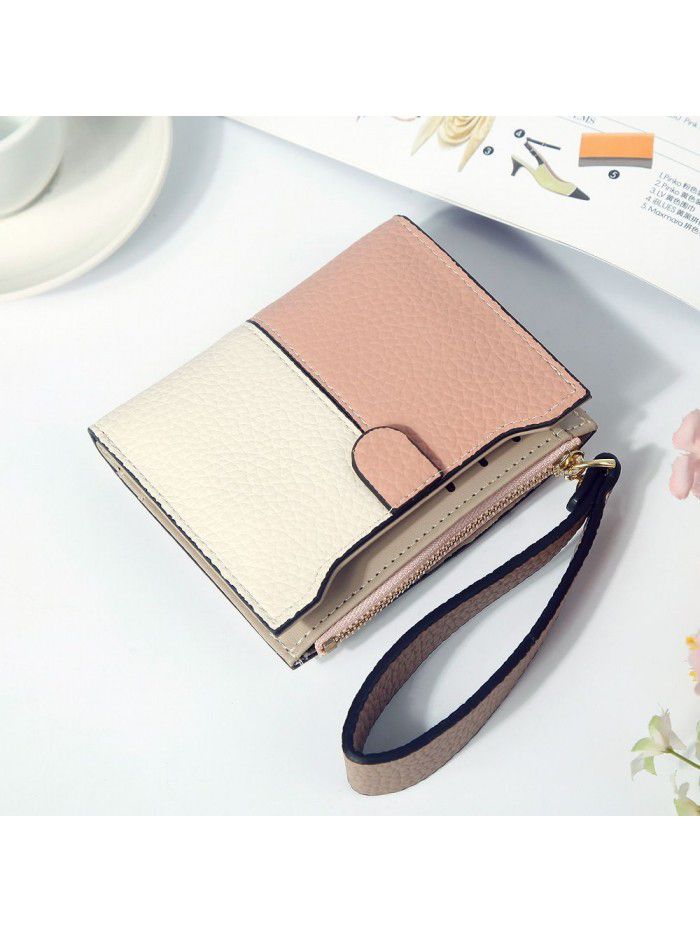 Hengsheng new lady's wallet short fashion Korean two color litchi pattern stitching zipper handbag