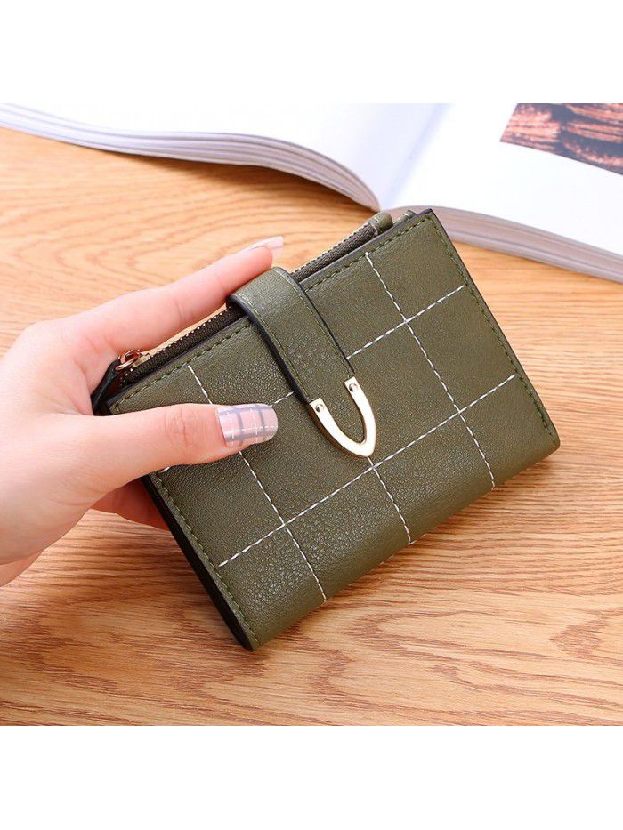 lattice women's wallet short Korean student folding multi-function small fresh buckle card bag small wallet