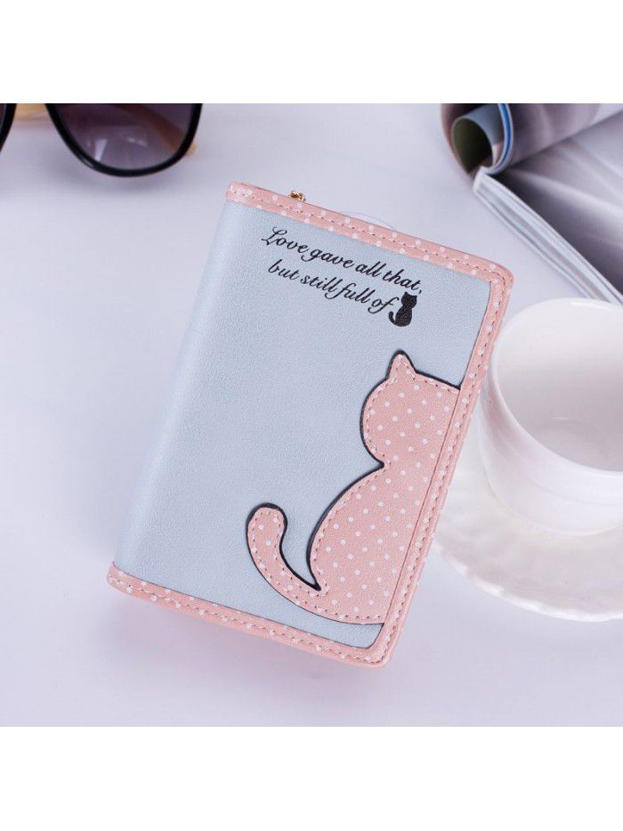 Korean women's wallet long Korean cute color contrast cat wave point student zipper wallet wallet wholesale