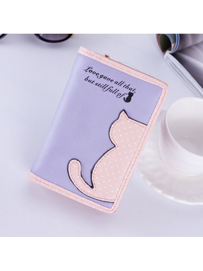 Korean women's wallet long Korean cute color contrast cat wave point student zipper wallet wallet wholesale