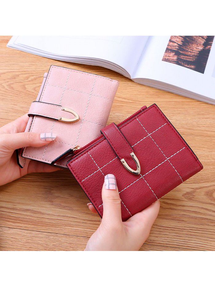 lattice women's wallet short Korean student folding multi-function small fresh buckle card bag small wallet