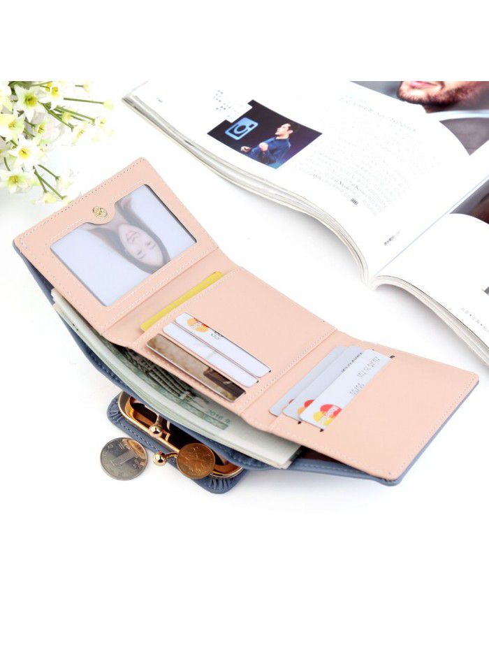 New women's wallet short fashion vertical plain three fold card bag multi function zero wallet Korean small wallet