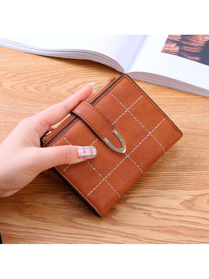 lattice women's wallet short Korean student folding multi-function small fresh buckle card bag small wallet