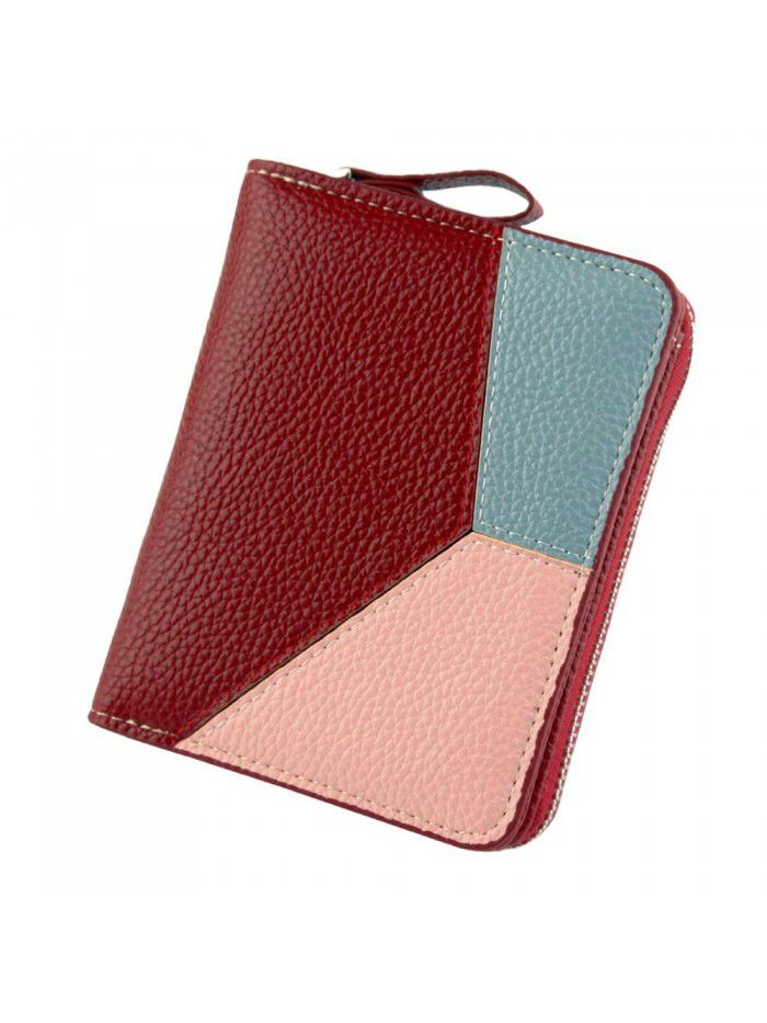 New short wallet women's splicing leather zero wallet litchi pattern short wallet bag women's zipper bag