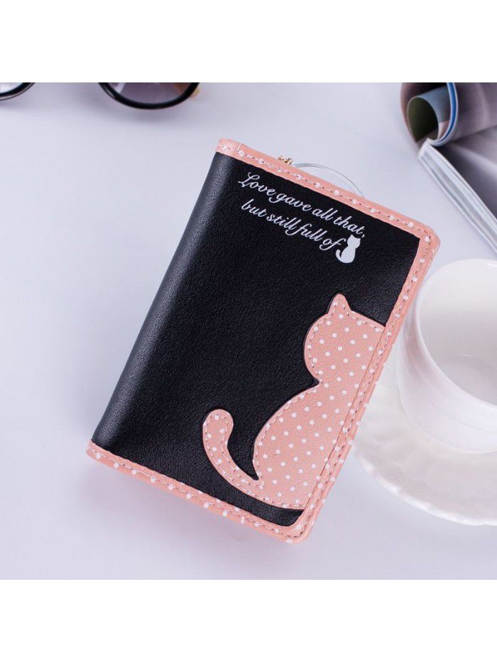 Korean women's wallet long Korean cute color contrast cat wave point student zipper wallet wallet wholesale