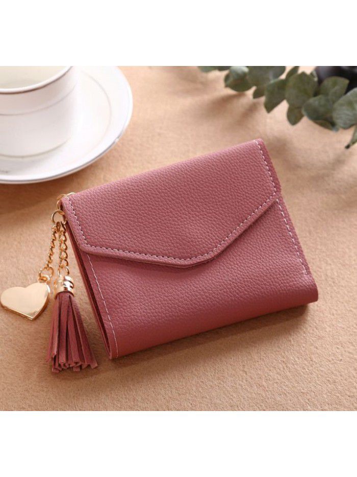 Women's short Korean version purse tassel pendant litchi pattern wallet multi card zero wallet