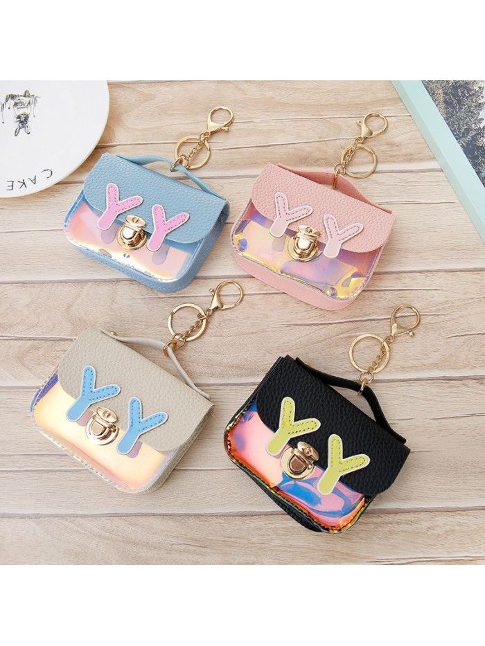 Korean version small fresh light color stitching women's zero wallet with key ring small square zero Wallet Coin Bag Wallet