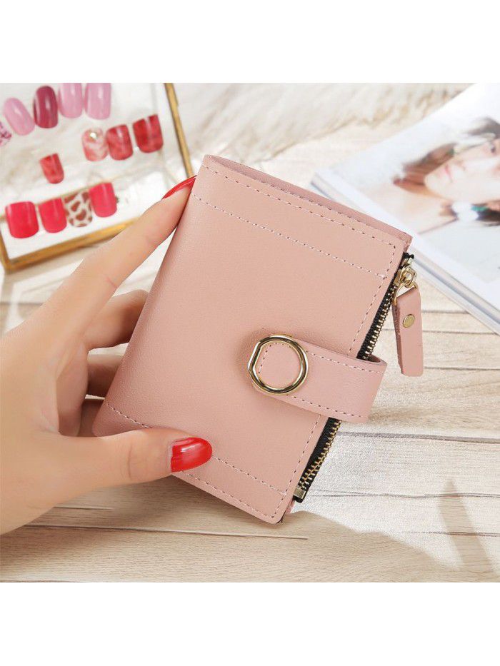 Little fresh Korean Short lady's purse buckle PU skin pure color cute pocket card bag hand bag