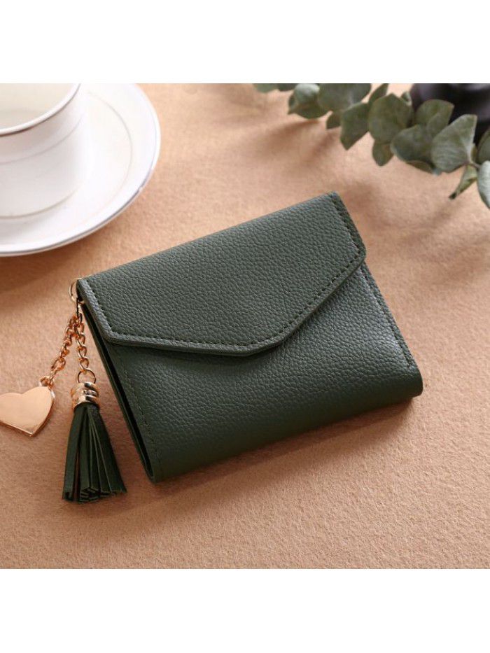 Women's short Korean version purse tassel pendant litchi pattern wallet multi card zero wallet