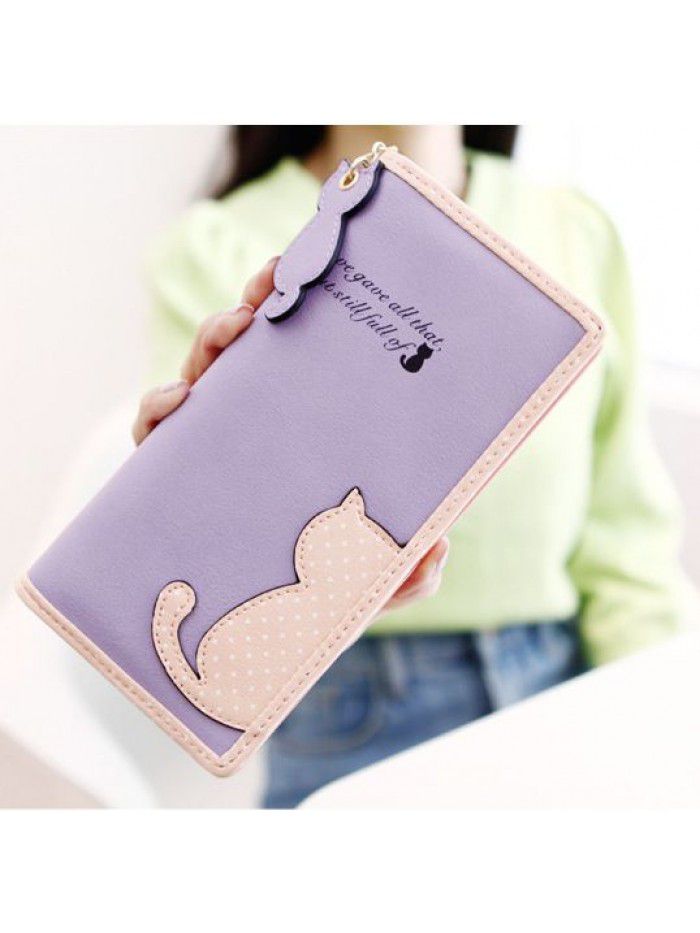 Korean women's wallet long Korean cute color contrast cat wave point student zipper wallet wallet wholesale