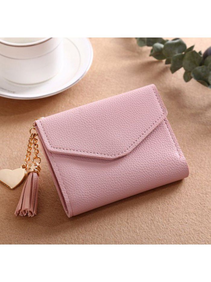 Women's short Korean version purse tassel pendant litchi pattern wallet multi card zero wallet