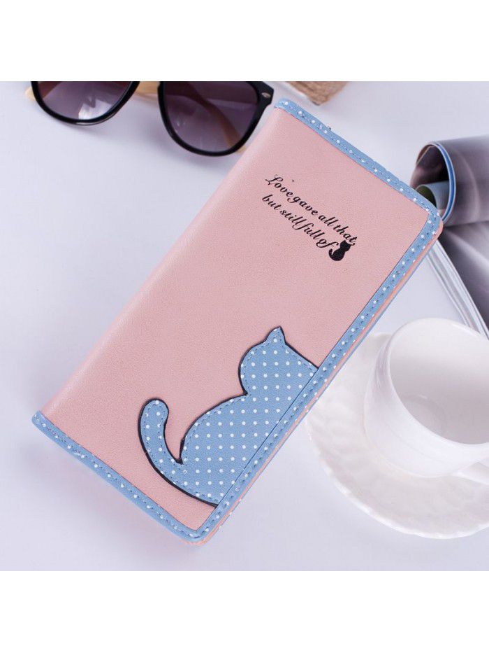 Korean women's wallet long Korean cute color contrast cat wave point student zipper wallet wallet wholesale