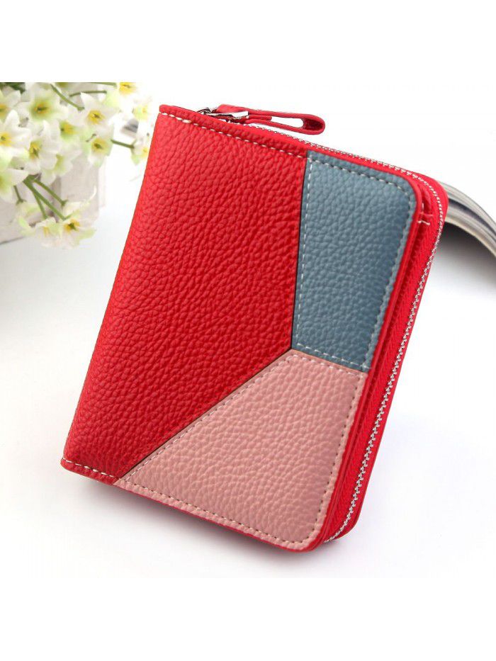 New short wallet women's splicing leather zero wallet litchi pattern short wallet bag women's zipper bag