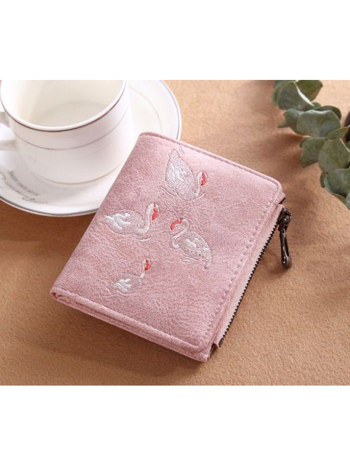 New lady's wallet Korean handmade embroidery White Swan wallet card bag zero wallet frosted leather wallet wholesale