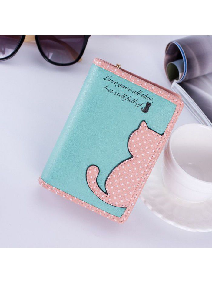 Korean women's wallet long Korean cute color contrast cat wave point student zipper wallet wallet wholesale