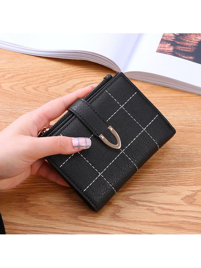 lattice women's wallet short Korean student folding multi-function small fresh buckle card bag small wallet