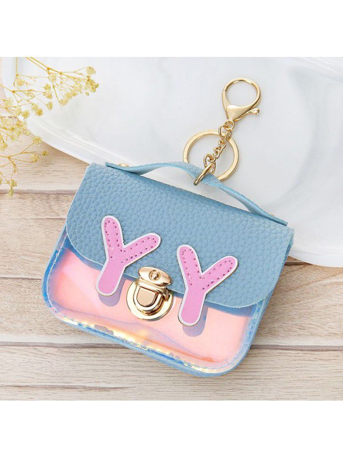 Korean version small fresh light color stitching women's zero wallet with key ring small square zero Wallet Coin Bag Wallet