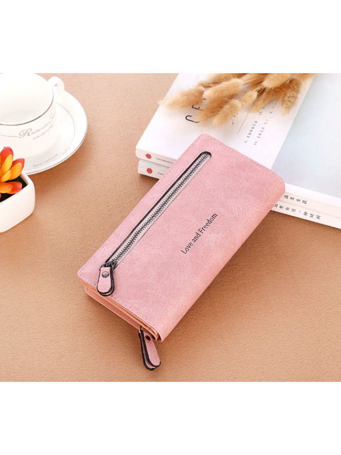 New Korean women's wallet solid color frosted zipper women's long hand wallet mobile bag