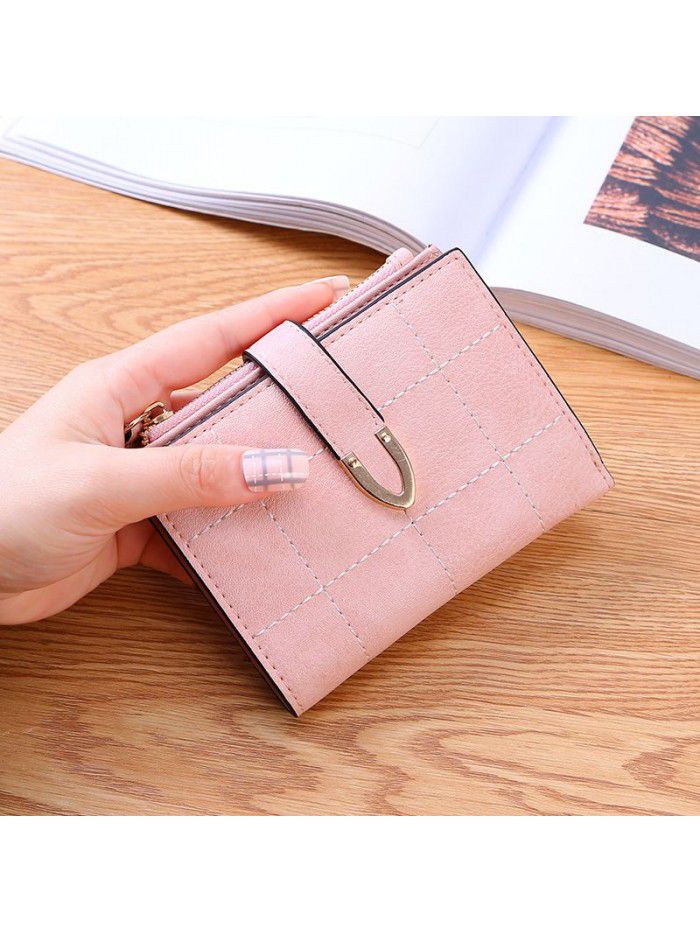 lattice women's wallet short Korean student folding multi-function small fresh buckle card bag small wallet