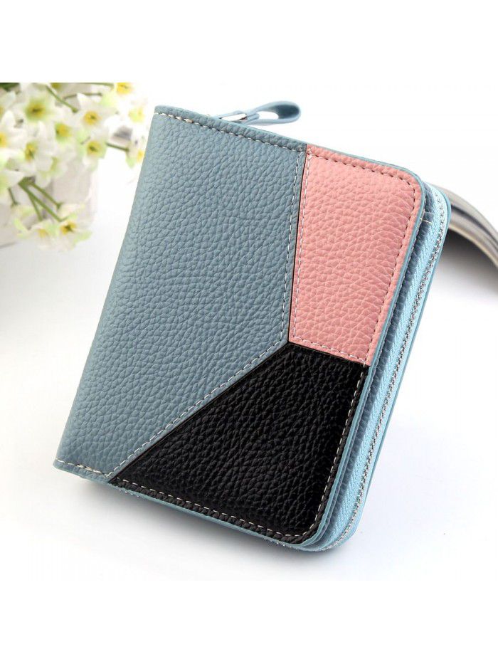 New short wallet women's splicing leather zero wallet litchi pattern short wallet bag women's zipper bag