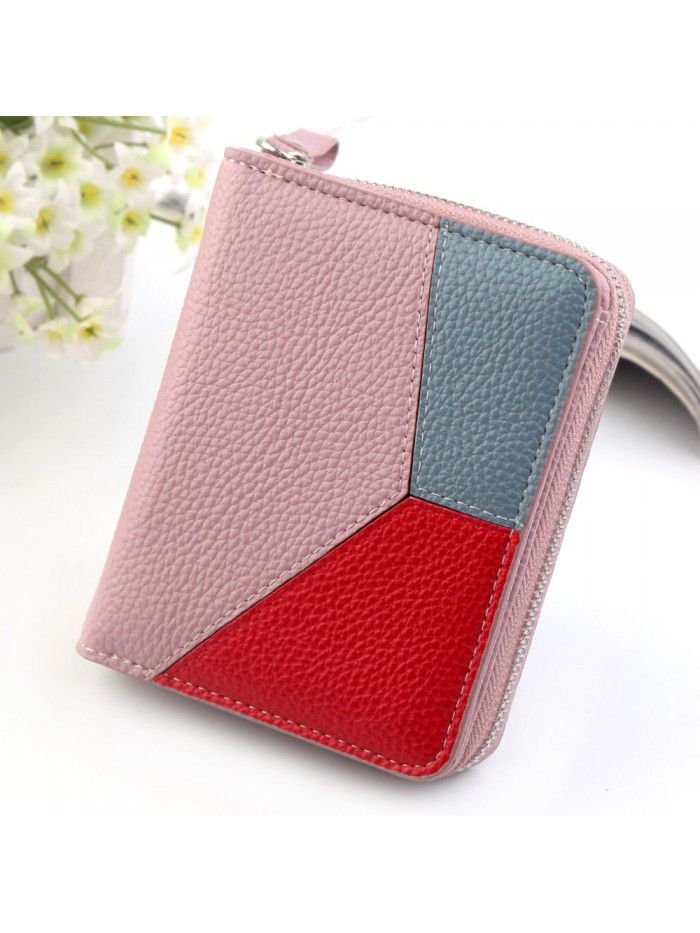 New short wallet women's splicing leather zero wallet litchi pattern short wallet bag women's zipper bag