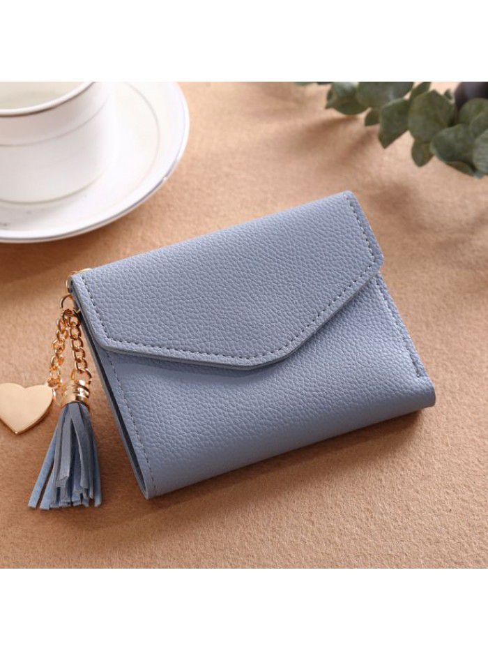 Women's short Korean version purse tassel pendant litchi pattern wallet multi card zero wallet