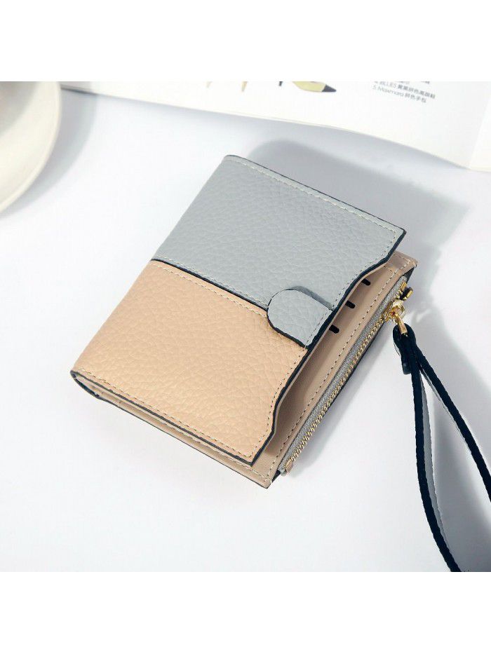 Hengsheng new lady's wallet short fashion Korean two color litchi pattern stitching zipper handbag