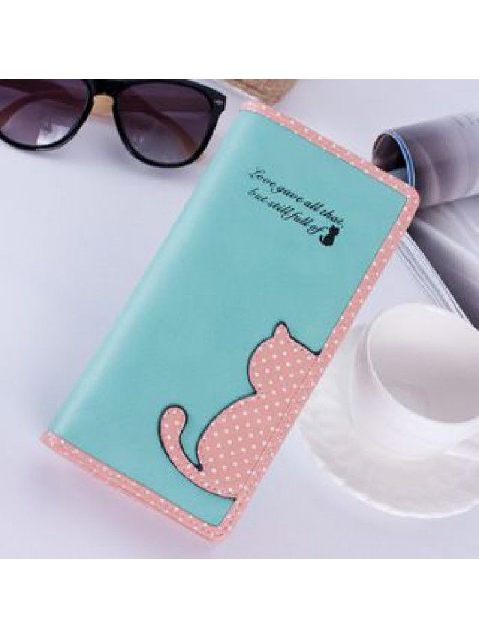 Korean women's wallet long Korean cute color contrast cat wave point student zipper wallet wallet wholesale