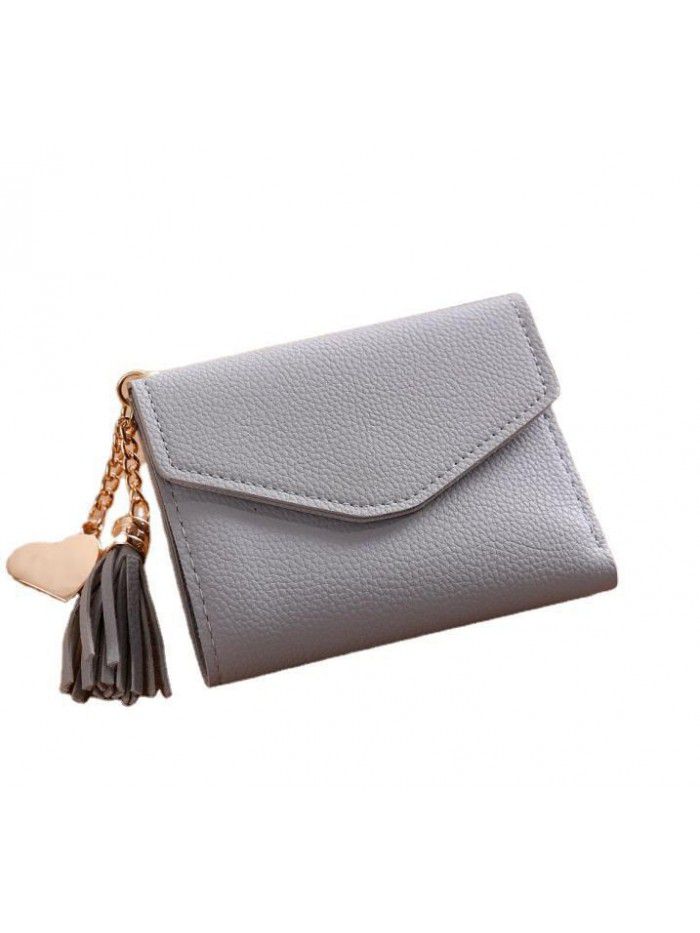 Women's short Korean version purse tassel pendant litchi pattern wallet multi card zero wallet