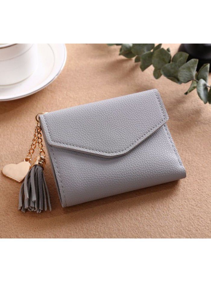 Women's short Korean version purse tassel pendant litchi pattern wallet multi card zero wallet