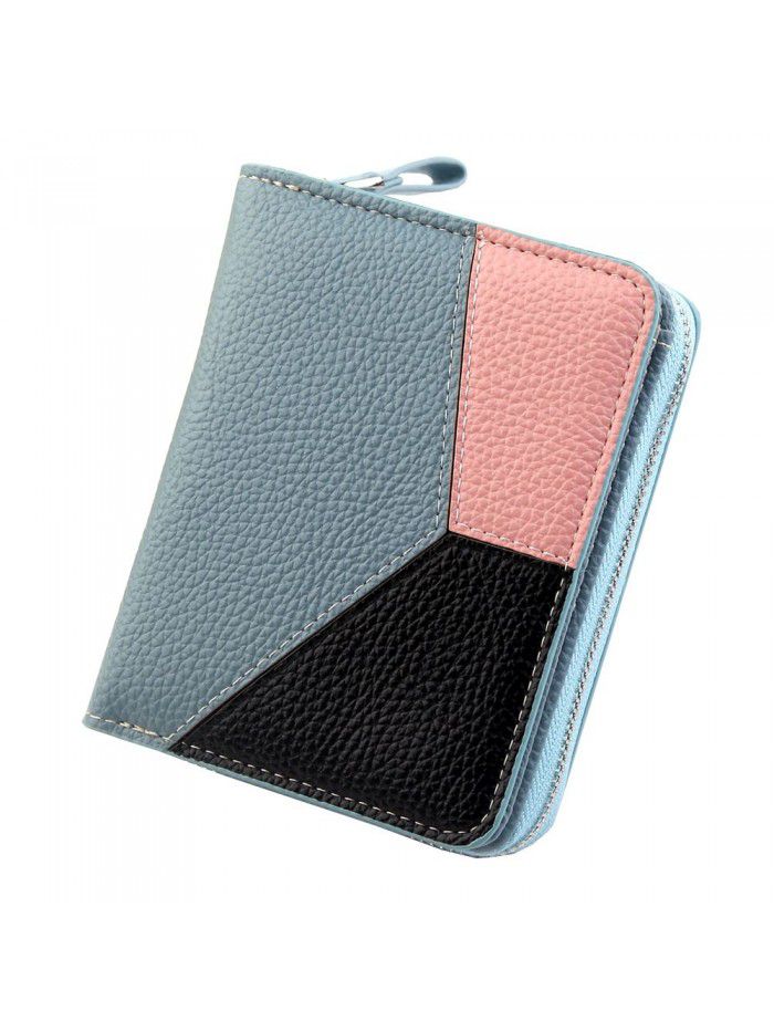 New short wallet women's splicing leather zero wallet litchi pattern short wallet bag women's zipper bag