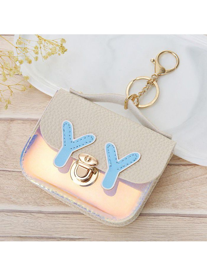 Korean version small fresh light color stitching women's zero wallet with key ring small square zero Wallet Coin Bag Wallet