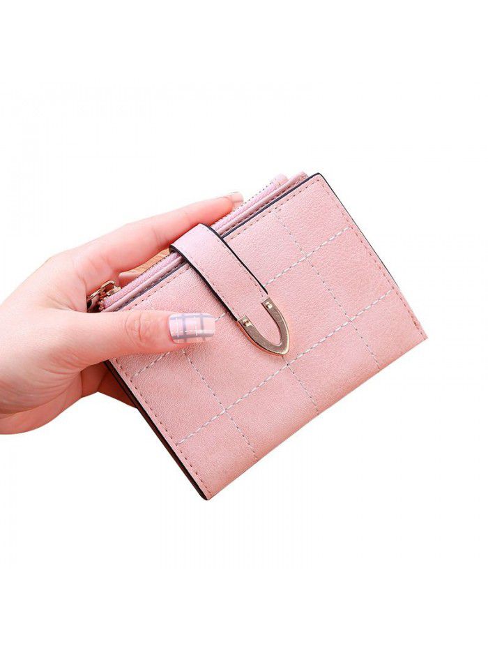 lattice women's wallet short Korean student folding multi-function small fresh buckle card bag small wallet