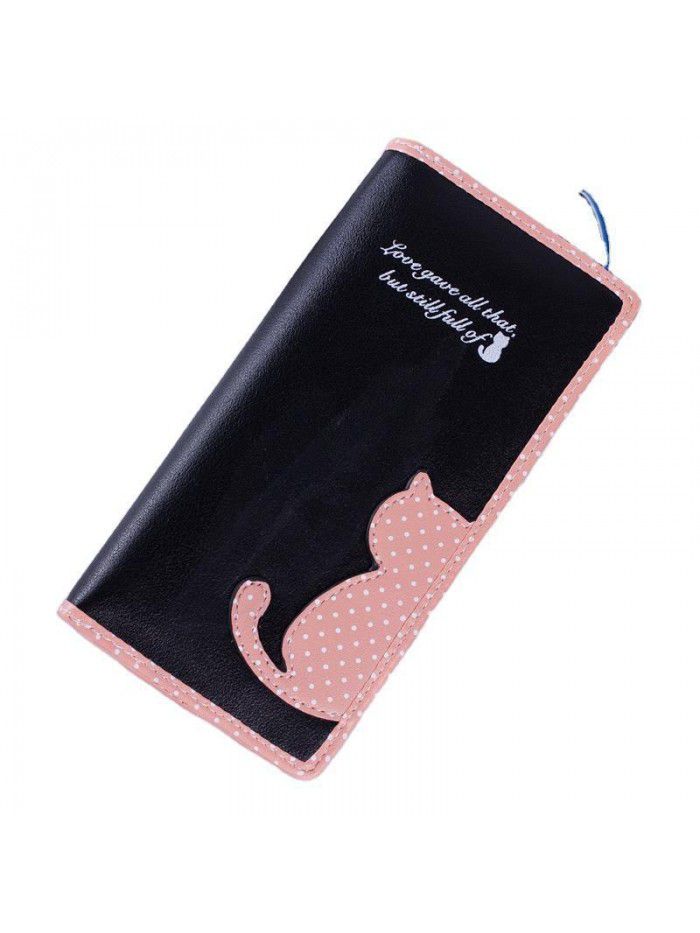 Korean women's wallet long Korean cute color contrast cat wave point student zipper wallet wallet wholesale