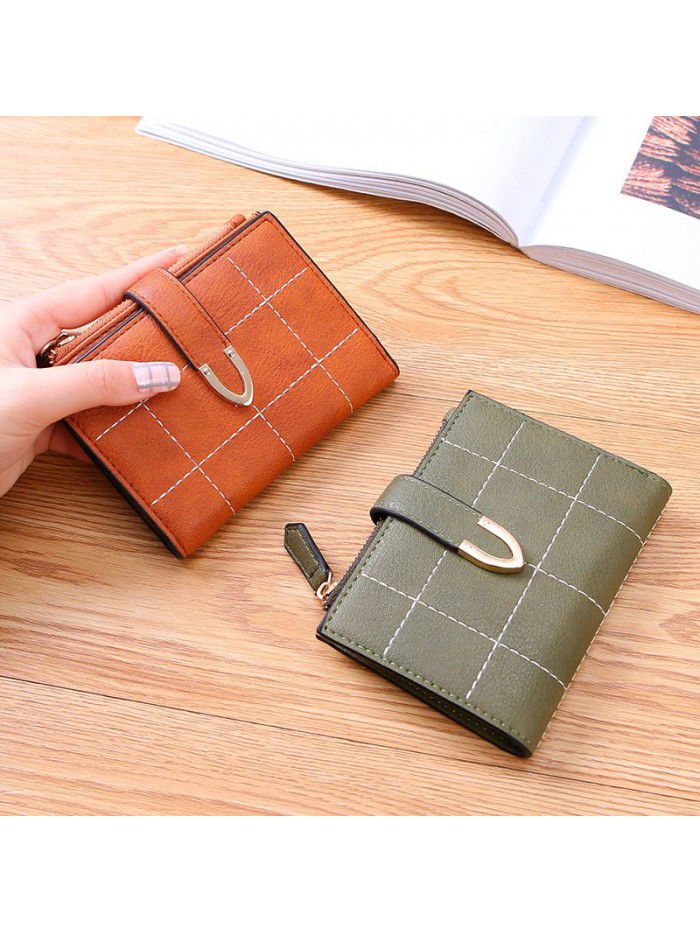 lattice women's wallet short Korean student folding multi-function small fresh buckle card bag small wallet