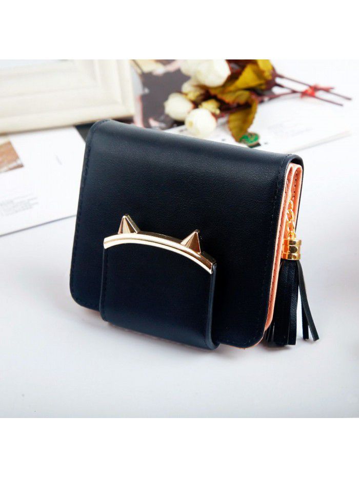 Hengsheng new women's wallet short Korean fashion cat ear tassel zipper women's bag hand bag zero wallet