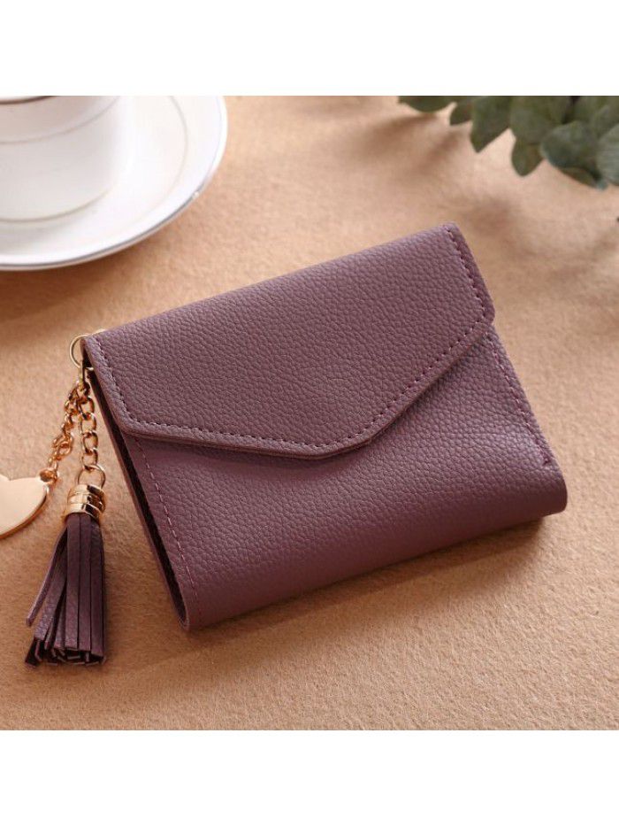 Women's short Korean version purse tassel pendant litchi pattern wallet multi card zero wallet