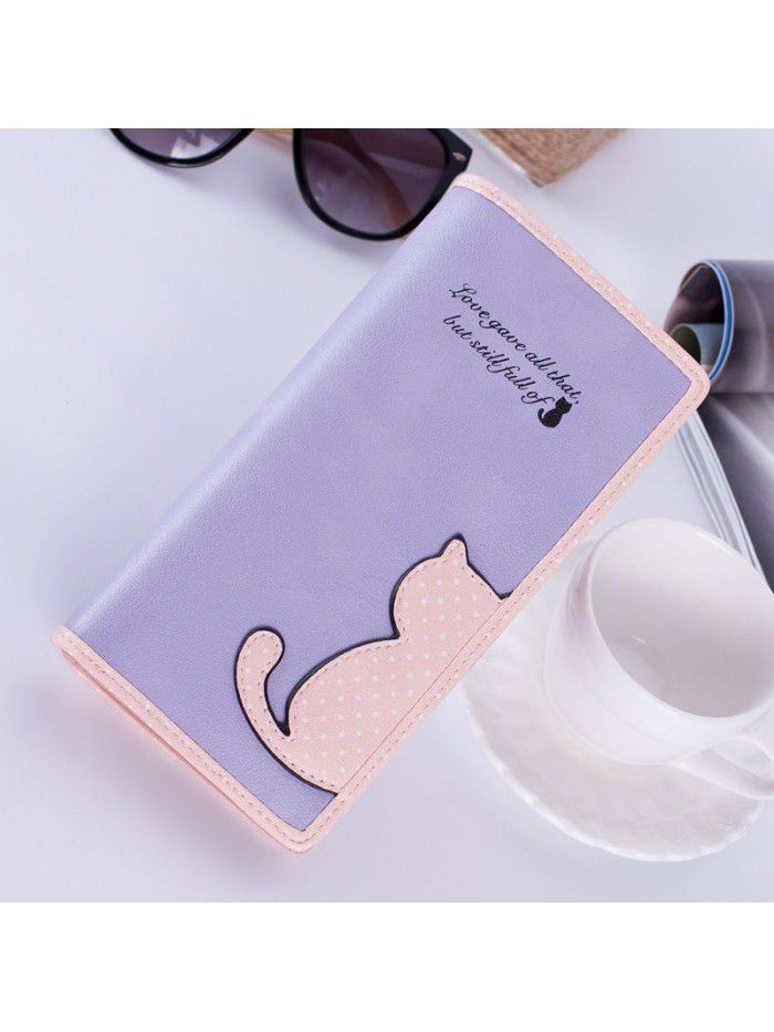 Korean women's wallet long Korean cute color contrast cat wave point student zipper wallet wallet wholesale