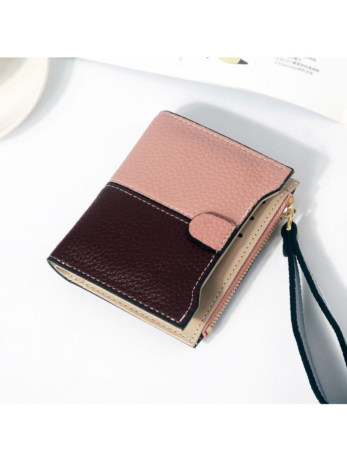 Hengsheng new lady's wallet short fashion Korean two color litchi pattern stitching zipper handbag