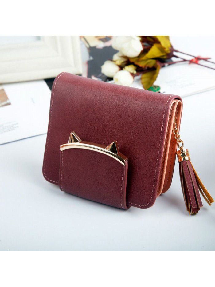 Hengsheng new women's wallet short Korean fashion cat ear tassel zipper women's bag hand bag zero wallet