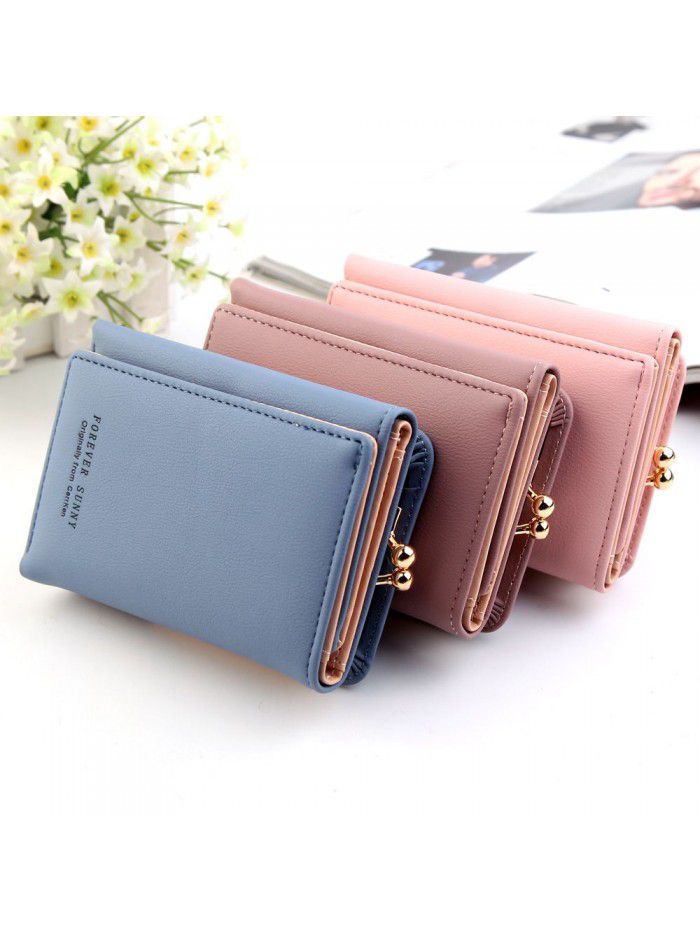 New women's wallet short fashion vertical plain three fold card bag multi function zero wallet Korean small wallet