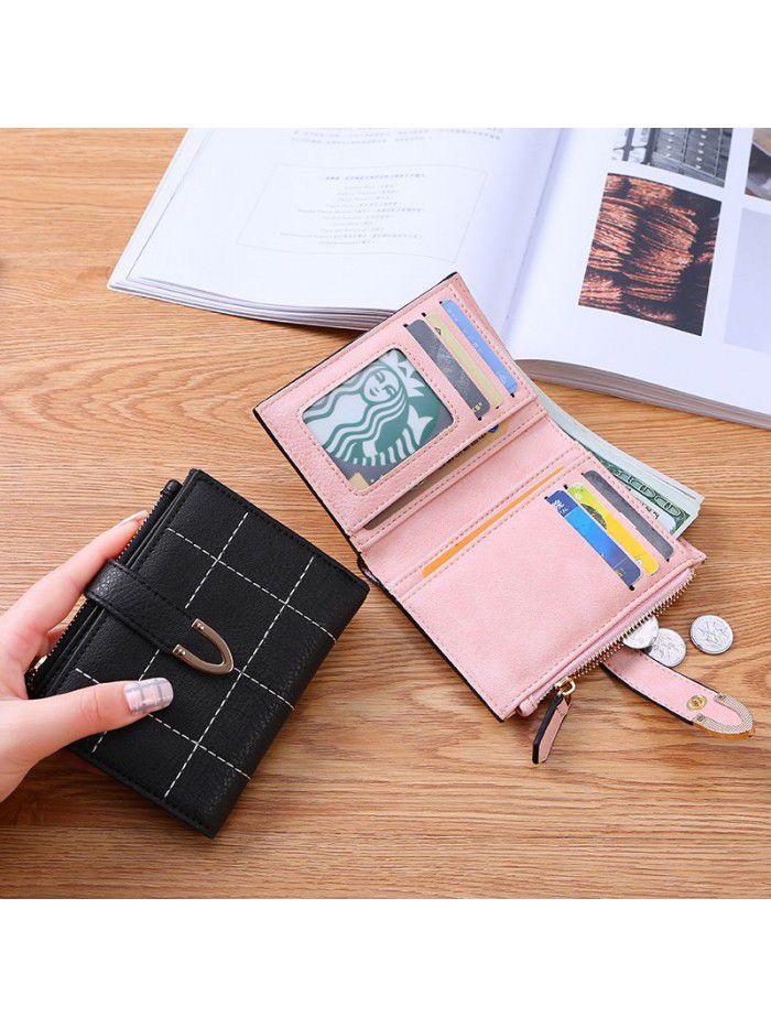 lattice women's wallet short Korean student folding multi-function small fresh buckle card bag small wallet